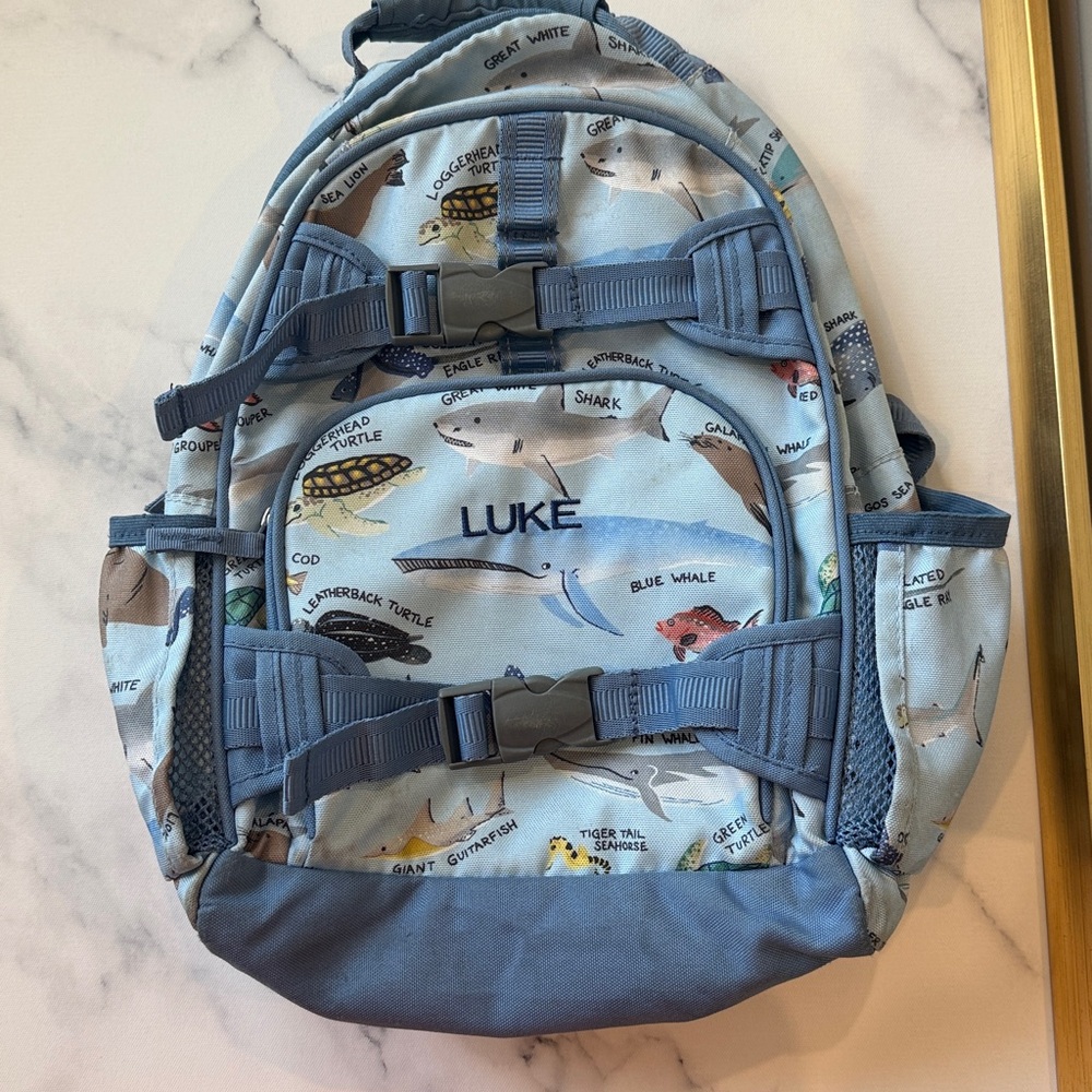 Pottery Barn kids shark backpack. “LUKE” monogram